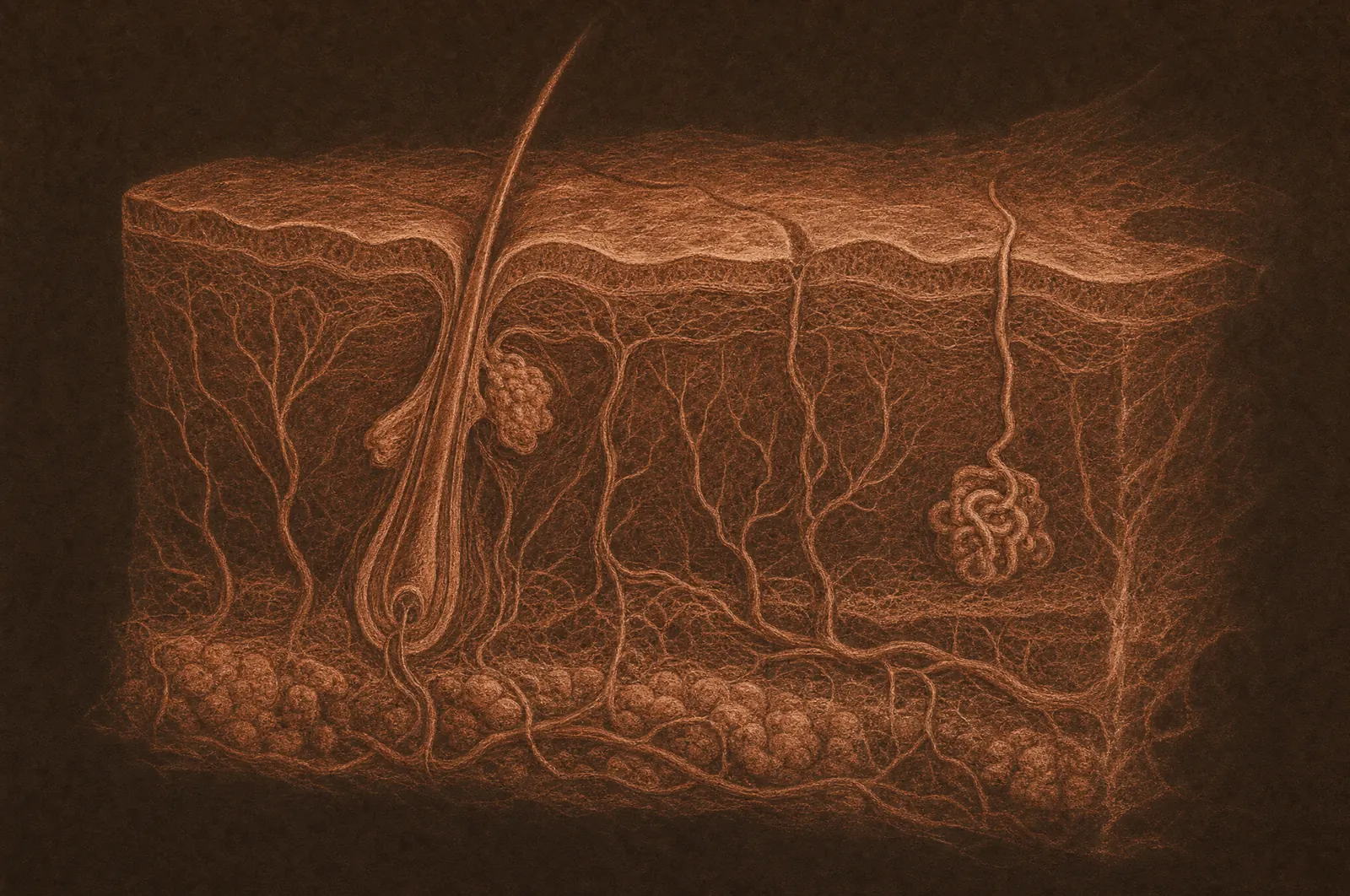 Red chalk anatomical study of a cross-section of skin showing the epidermis, dermis and hypodermis, a hair follicle, a sweat gland and blood vessels